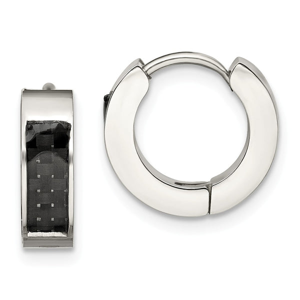 Stainless Steel Polished with Carbon Fiber Inlay 4mm Hinged Hoop Earrings