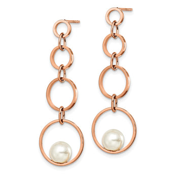 Stainless Steel Polished Rose IP-plated Simulated Pearl Post Dangle Earring