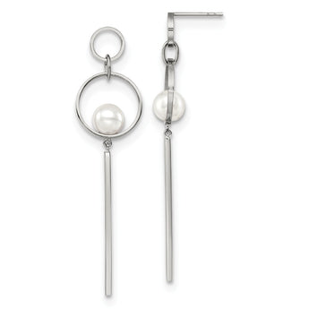 Stainless Steel Polished with Simulated Pearl Post Dangle Earrings