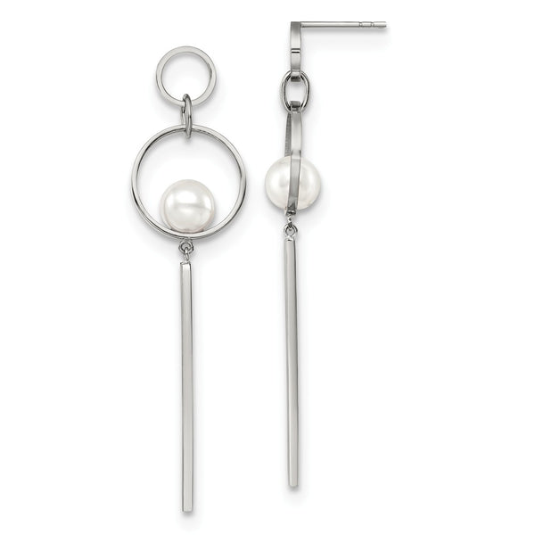 Stainless Steel Polished with Simulated Pearl Post Dangle Earrings
