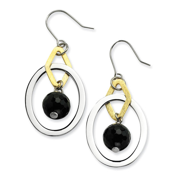 Stainless Steel Yellow IP-plated & Polished Circles w/Onyx Earrings