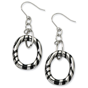 Stainless Steel Black Enamel Striped Oval Dangle Earrings