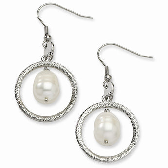 Stainless Steel Circle with FW Cultured Pearl Dangle Earrings