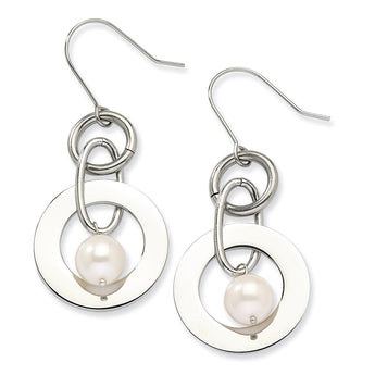 Stainless Steel White FW Cultured Pearl Dangle Earrings