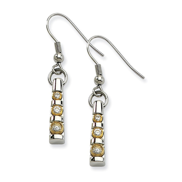 Stainless Steel Polished & Yellow IP-plated CZ Bar Dangle Earrings