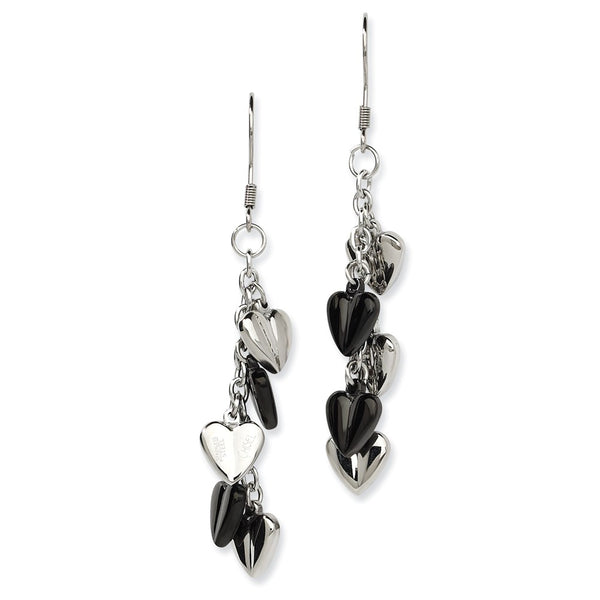 Stainless Steel Black IP-plated & Polished Hearts Dangle Earrings