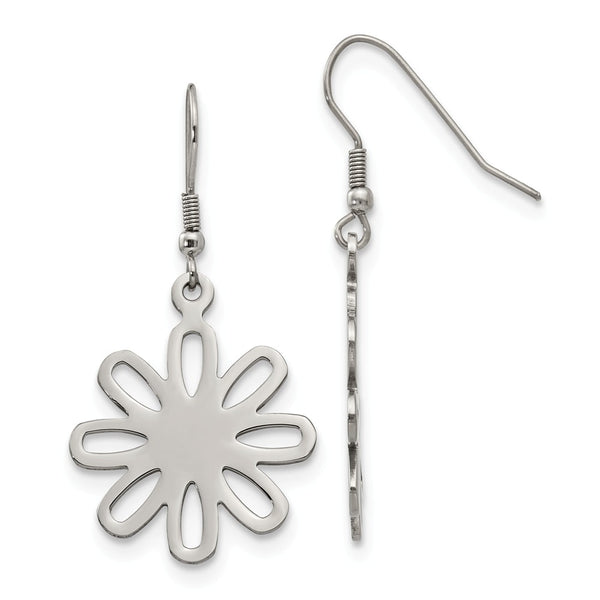 Stainless Steel Polished Large Flower Dangle Earrings