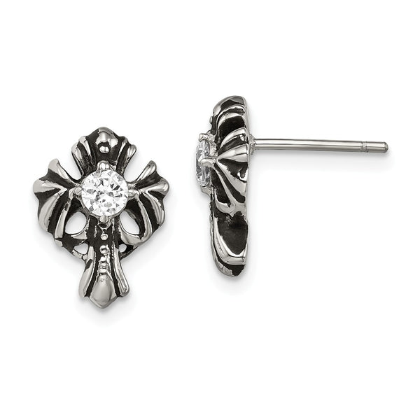 Stainless Steel Antiqued Cross with CZ Post Earrings