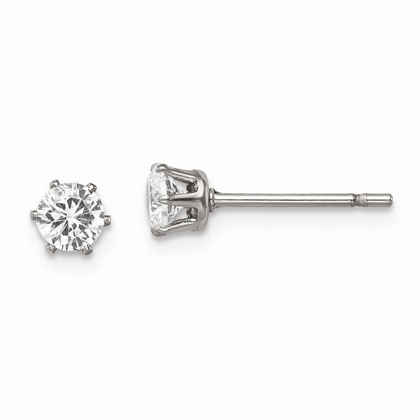 Stainless Steel Polished 4mm Round CZ Stud Post Earrings - Birthstone Company