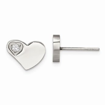 Stainless Steel CZ Polished Heart Post Earrings