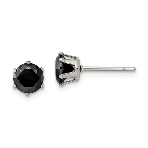 Stainless Steel Polished 6mm Black Round CZ Stud Post Earrings