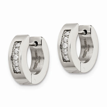 Stainless Steel CZ Polished Round Hinged Hoop Earrings