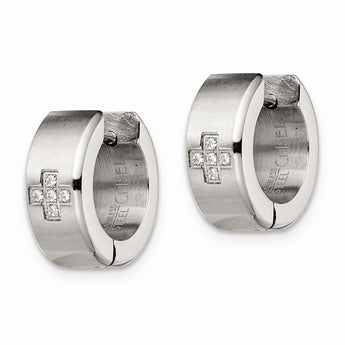 Stainless Steel CZ Brushed & Polished Hinged Hoop Earrings