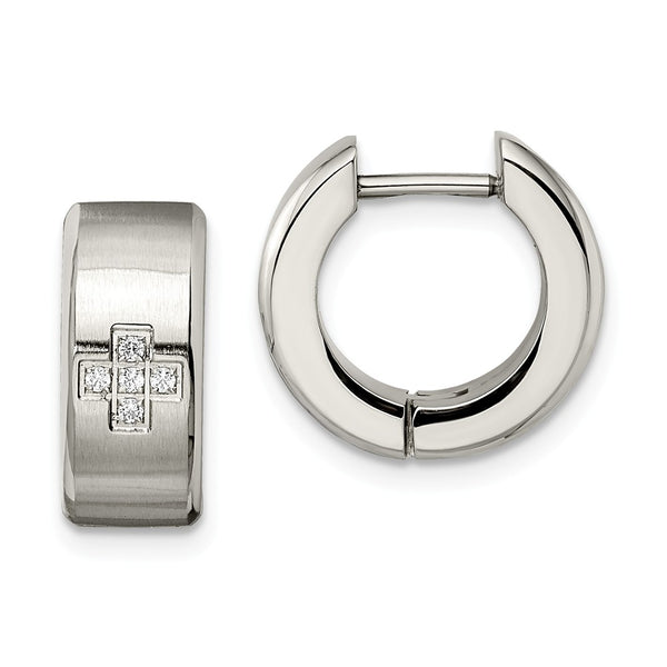 Stainless Steel CZ Brushed & Polished Hinged Hoop Earrings