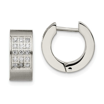 Stainless Steel CZ Brushed & Polished Round Hinged Hoop Earrings
