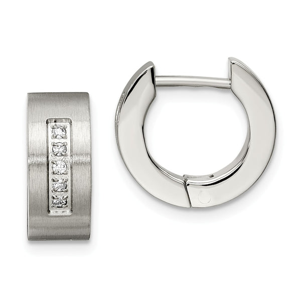 Stainless Steel CZ Brushed & Polished Round Hinged Hoop Earrings