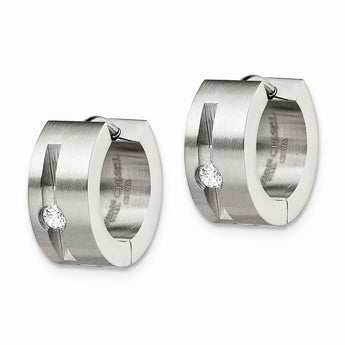 Stainless Steel CZ Brushed & Polished Round Hinged Hoop Earrings