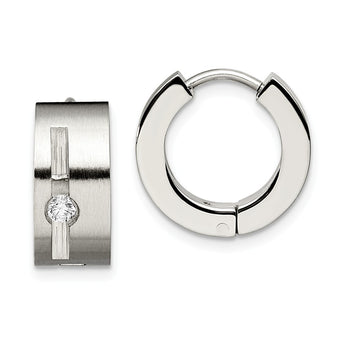 Stainless Steel CZ Brushed & Polished Round Hinged Hoop Earrings