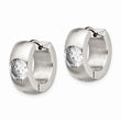 Stainless Steel CZ Brushed & Polished Round Hinged Hoop Earrings