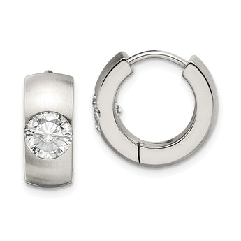 Stainless Steel CZ Brushed & Polished Round Hinged Hoop Earrings