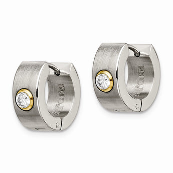 Stainless Steel CZ & Yellow IP-plated Hinged Hoop Earrings