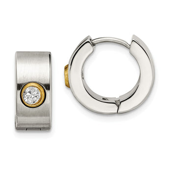 Stainless Steel CZ & Yellow IP-plated Hinged Hoop Earrings