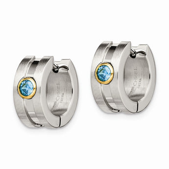 Stainless Steel Teal CZ & Yellow-plated Hinged Hoop Earrings