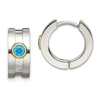 Stainless Steel Teal CZ & Yellow-plated Hinged Hoop Earrings