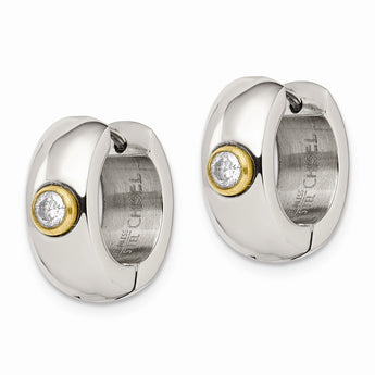 Stainless Steel CZ & Yellow IP-plated Hinged Hoop Earrings