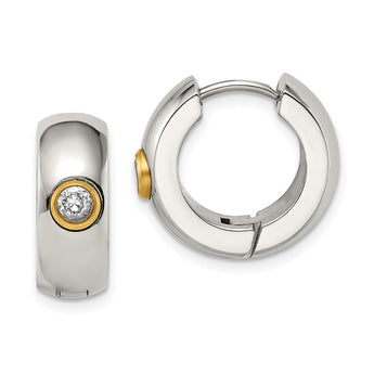 Stainless Steel CZ & Yellow IP-plated Hinged Hoop Earrings