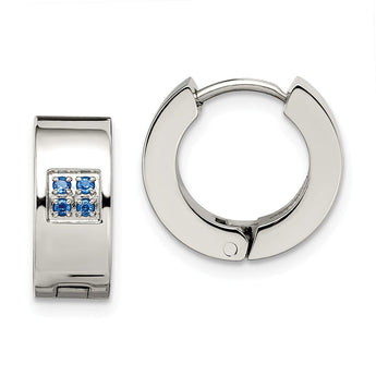 Stainless Steel Blue CZ Brushed & Polished Hinged Hoop Earrings