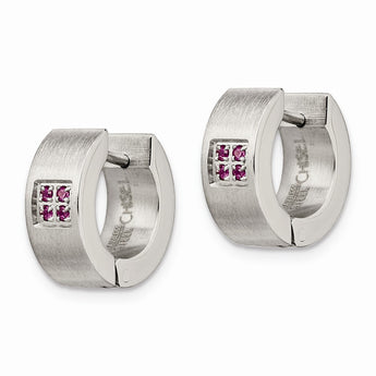 Stainless Steel Pink CZ Brushed & Polished Hinged Hoop Earrings