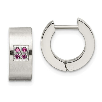 Stainless Steel Pink CZ Brushed & Polished Hinged Hoop Earrings