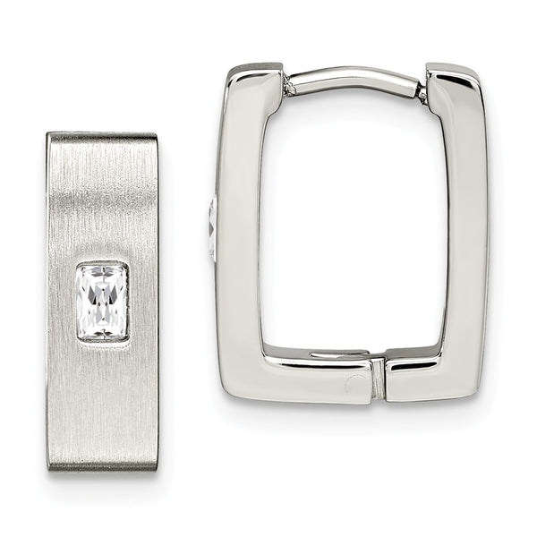 Stainless Steel CZ Brushed & Polished Square Hinged Earrings