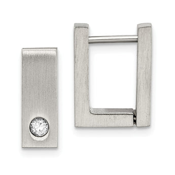 Stainless Steel CZ Brushed & Polished Square Hinged Hoop Earrings