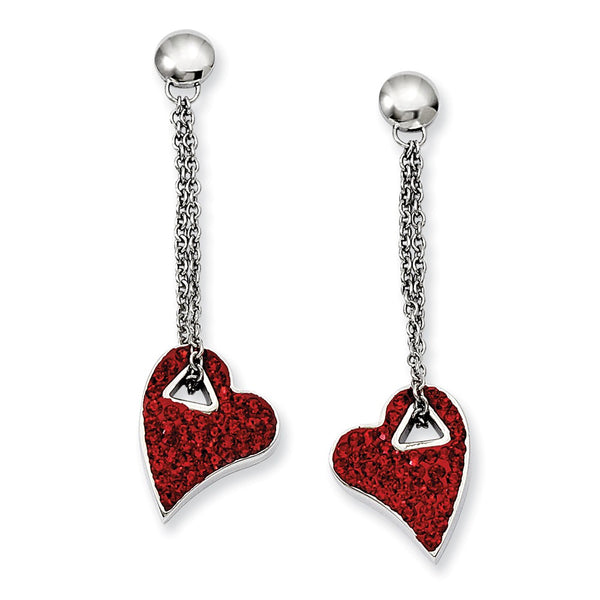 Stainless Steel Red Crystal Heart Post Dangle Earrings