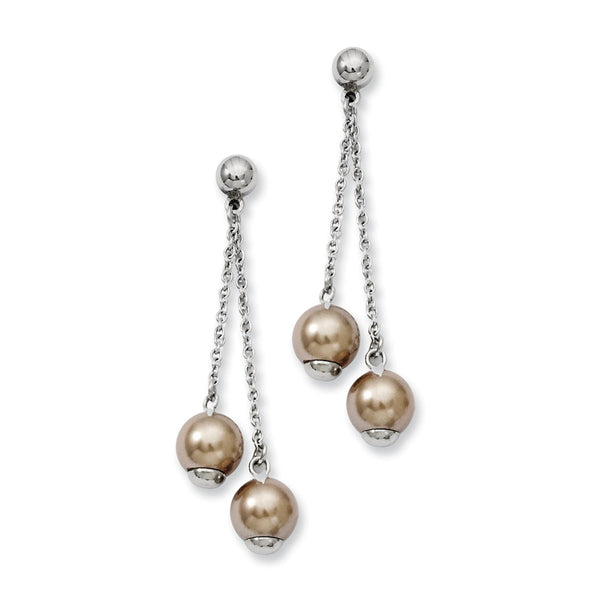 Stainless Steel Champagne Simulated Pearl Post Dangle Earrings
