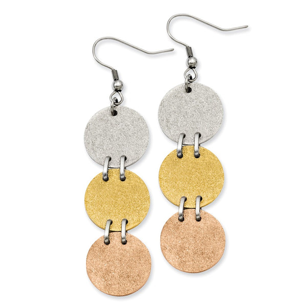 Stainless Steel Tri-Color IP-plated Discs Dangle Earrings