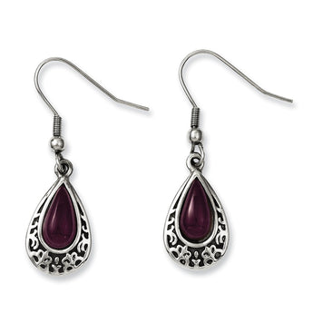 Stainless Steel Antiqued & Purple Cats Eye Teardrop Dangle Earrings