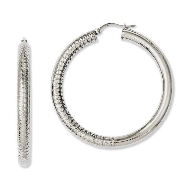 Stainless Steel Half Textured & Polished 40mm Hollow Hoop Earrings