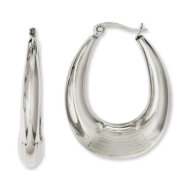 Stainless Steel Polished w/Textured Middle Hollow Oval Hoop Earrings