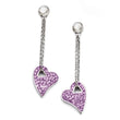 Stainless Steel Light Purple Crystal Post Dangle Heart Earrings