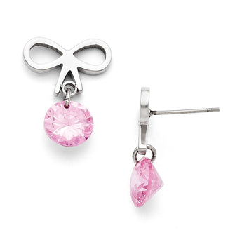 Stainless Steel Bow with Pink CZ Polished Post Earrings - Birthstone Company