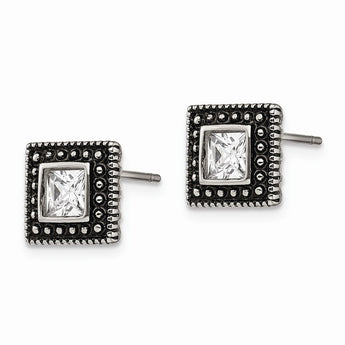 Stainless Steel Square CZ Antiqued Post Earrings