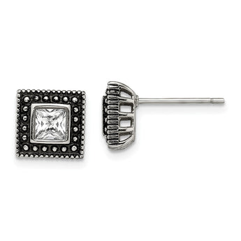 Stainless Steel Square CZ Antiqued Post Earrings