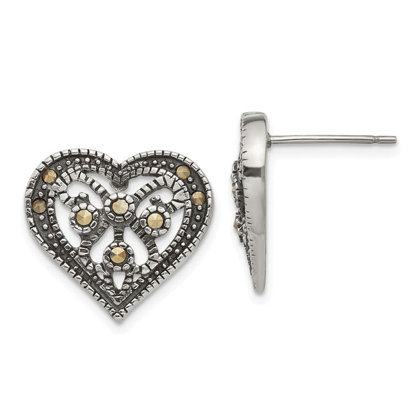 Stainless Steel Marcasite Textured Heart Post Earrings