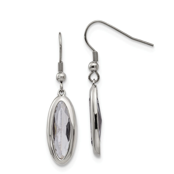 Stainless Steel Polished Glass Oval Shepherd Hook Dangle Earrings