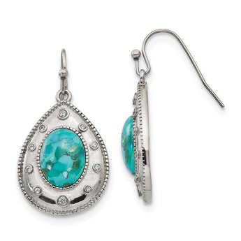 Stainless Steel Polished Imitation Turquoise and CZ Shepherd Hook Earrings