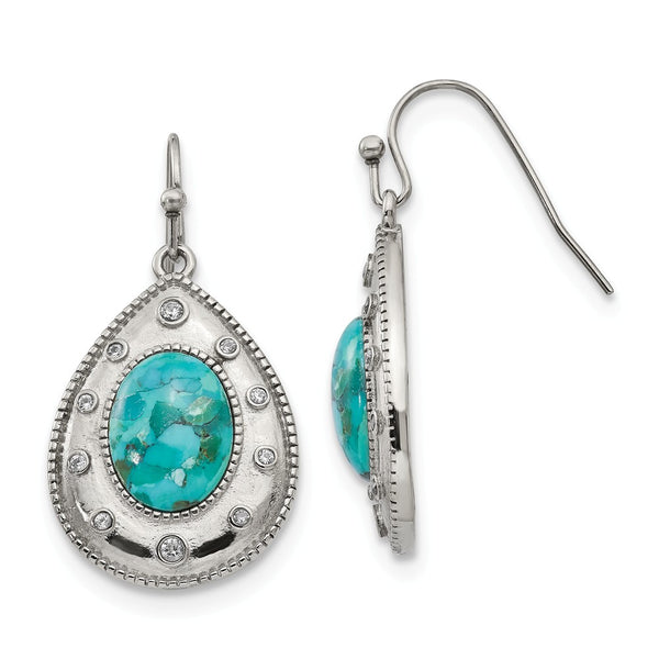 Stainless Steel Polished Imitation Turquoise and CZ Shepherd Hook Earrings