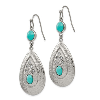 Stainless Steel Polished/Hammered Imitation Turquoise/CZ Earrings